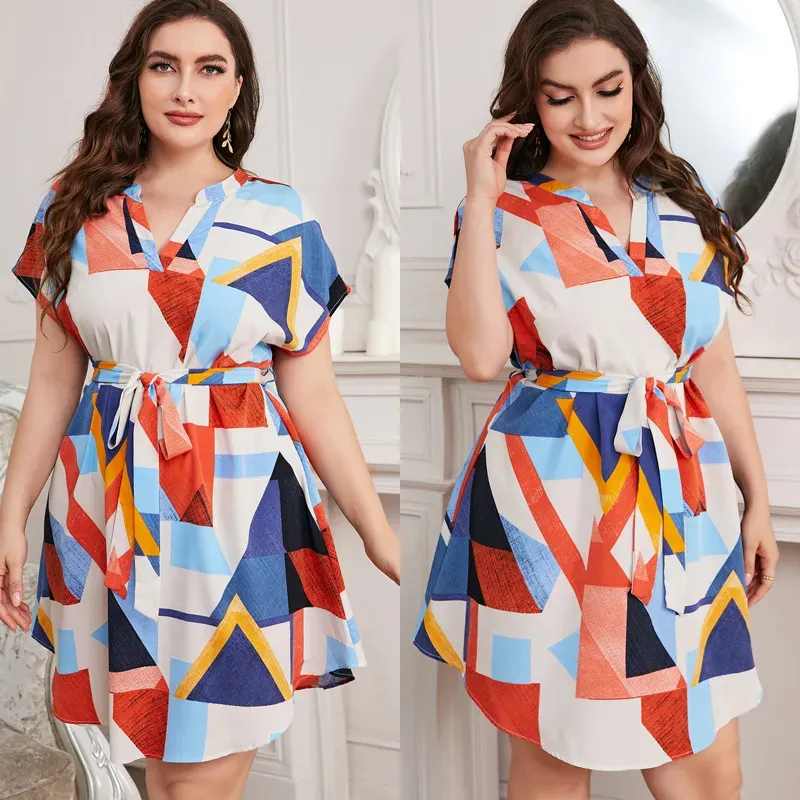 Plus Size Women High Waist Summer Color Blocking Geometry Print Short Sleeve Casual Dress