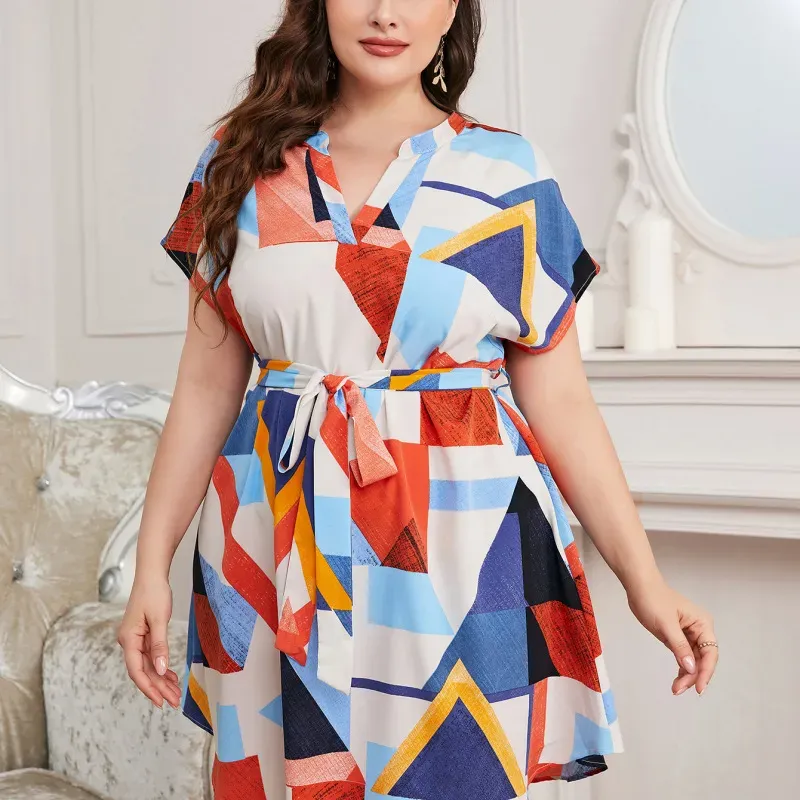 Plus Size Women High Waist Summer Color Blocking Geometry Print Short Sleeve Casual Dress - Image 3