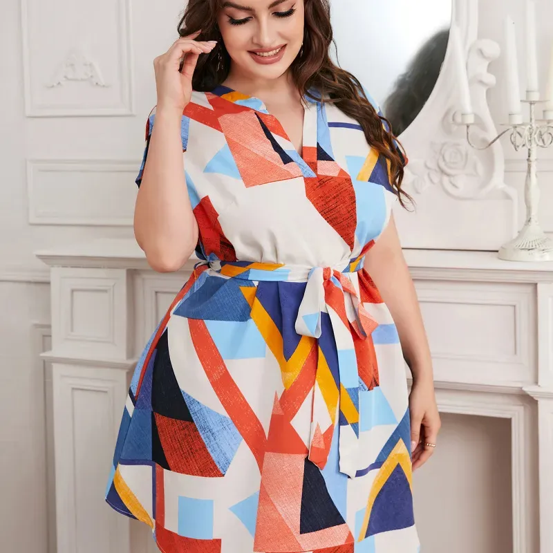 Plus Size Women High Waist Summer Color Blocking Geometry Print Short Sleeve Casual Dress - Image 4