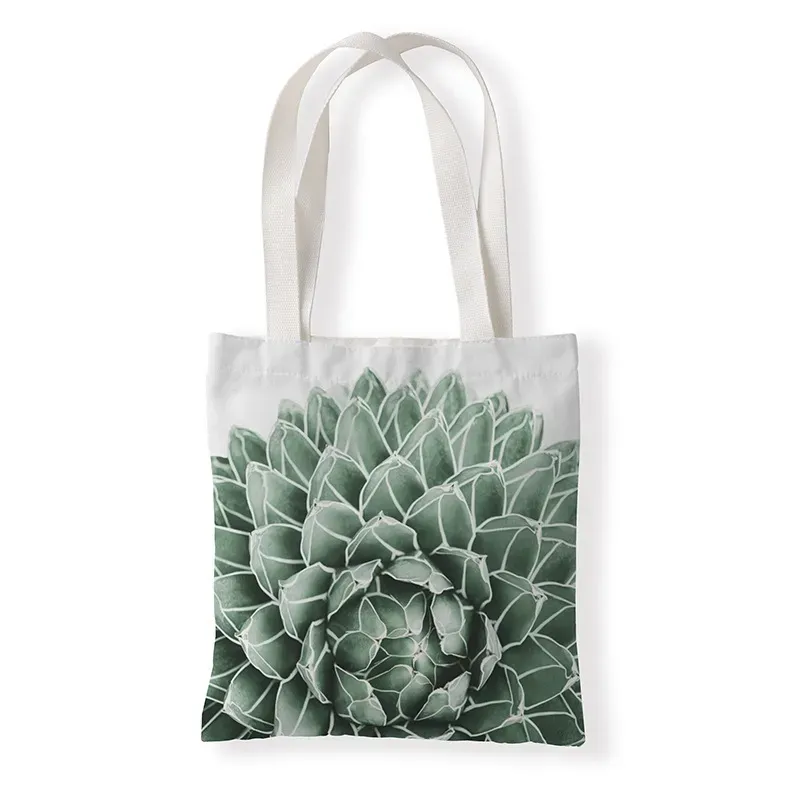 Women Fashion Green Cactus Pattern Printed Canvas Tote Bag