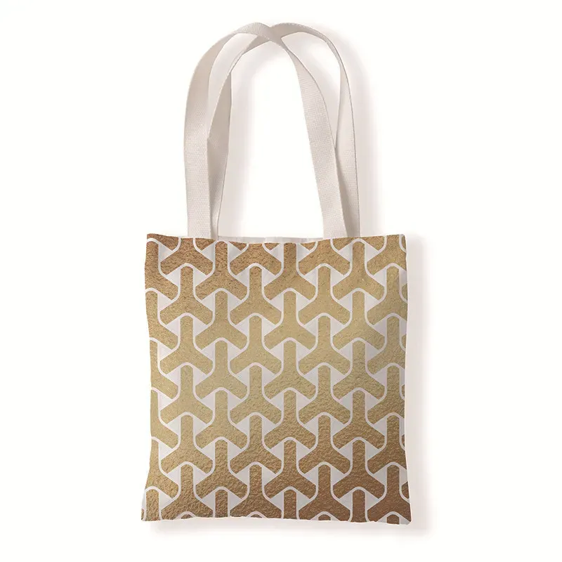 Women Fashion Gold Geometric Print Canvas Tote Bag