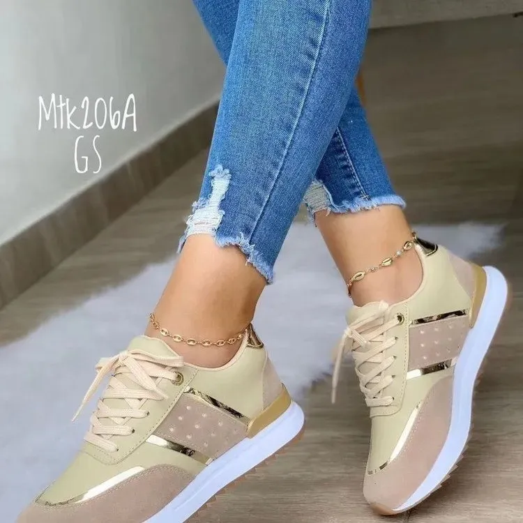 Women Fashion Round Toe Platform Colorblock Lace-Up Sneakers Plus Size