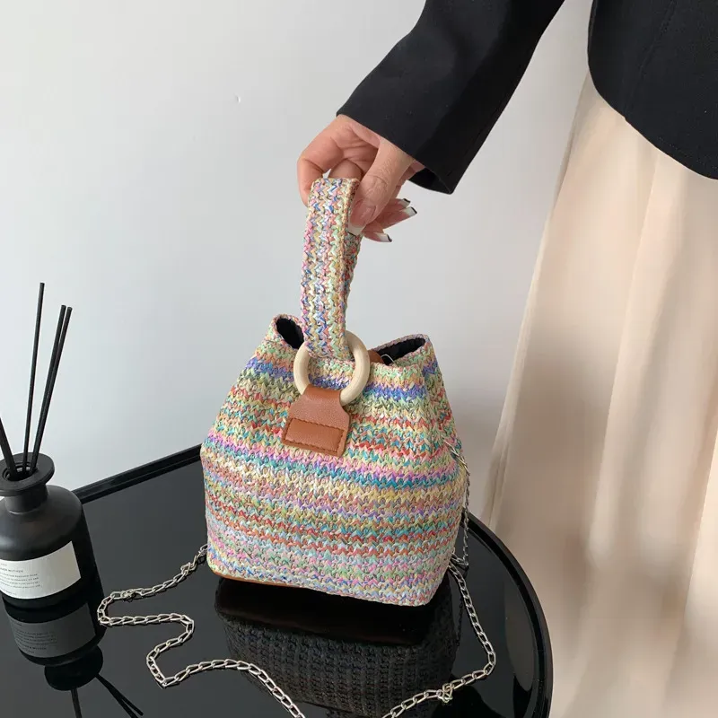 Women Fashion Retro Multicolor Straw Bucket Bag