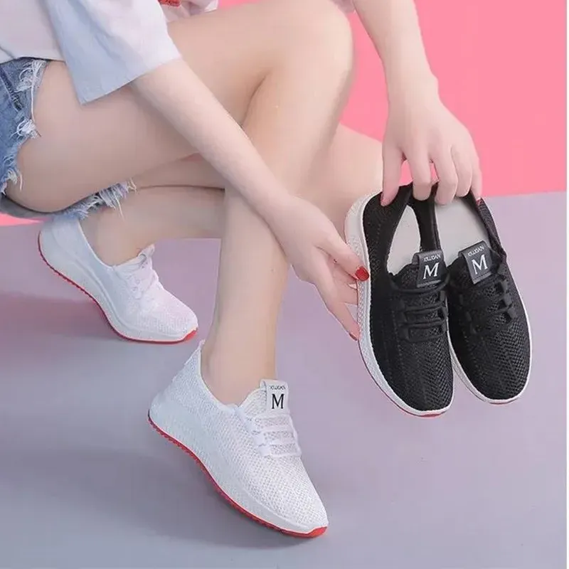Women Fashion Mesh Solid Color Lace-Up Sneakers - Image 3