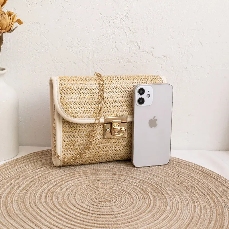 Women Fashion Casual Vacation Beach Magnetic Buckle Flap Chain Square Straw Woven Crossbody Bag - Image 2