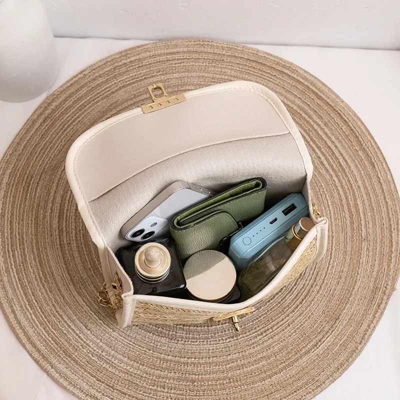Women Fashion Casual Vacation Beach Magnetic Buckle Flap Chain Square Straw Woven Crossbody Bag - Image 4