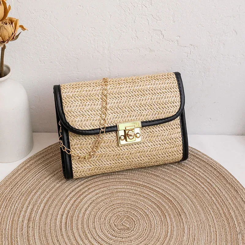Women Fashion Casual Vacation Beach Magnetic Buckle Flap Chain Square Straw Woven Crossbody Bag - Image 6
