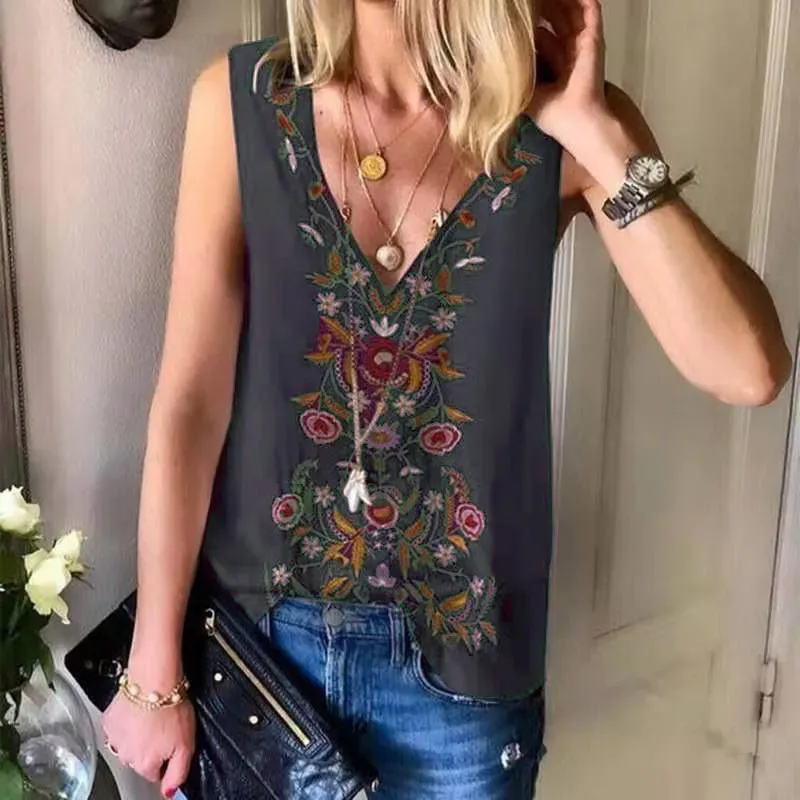 Vintage Boho Women Floral Pattern V Neck Chiffon Tank Top - Image 3