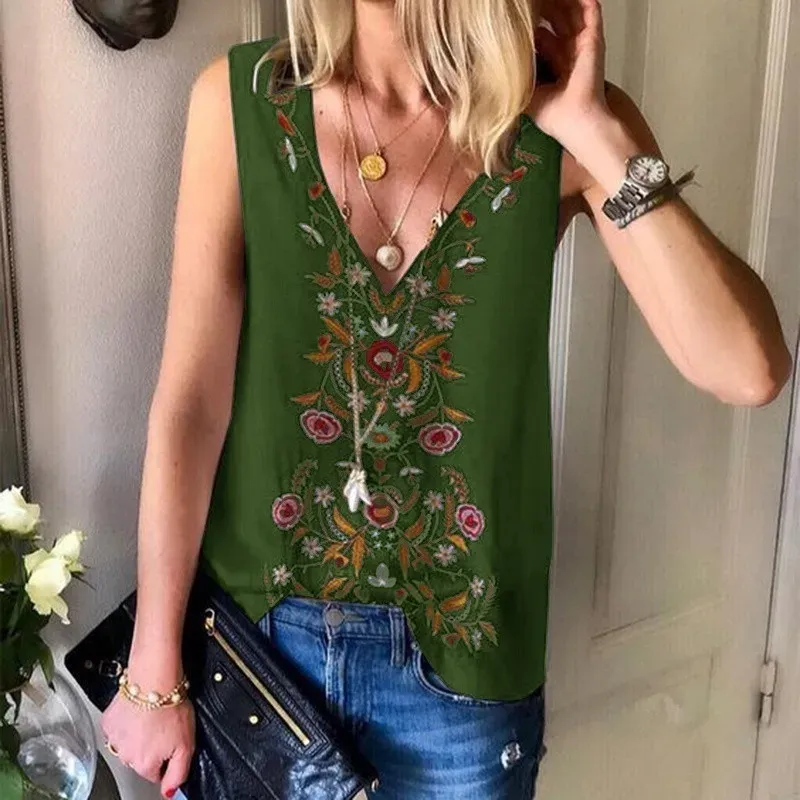 Vintage Boho Women Floral Pattern V Neck Chiffon Tank Top - Image 4