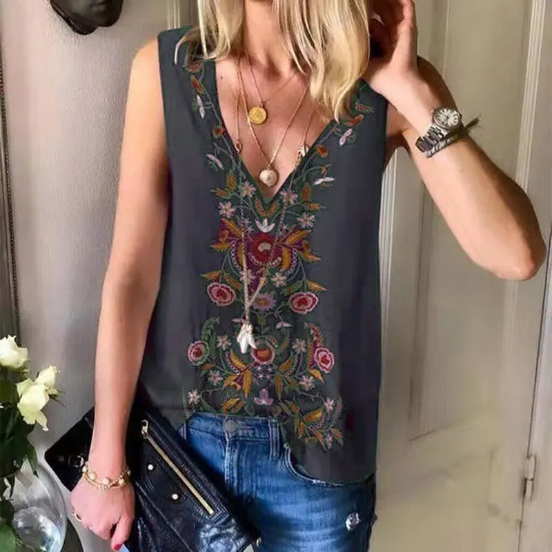 Vintage Boho Women Floral Pattern V Neck Chiffon Tank Top - Image 9