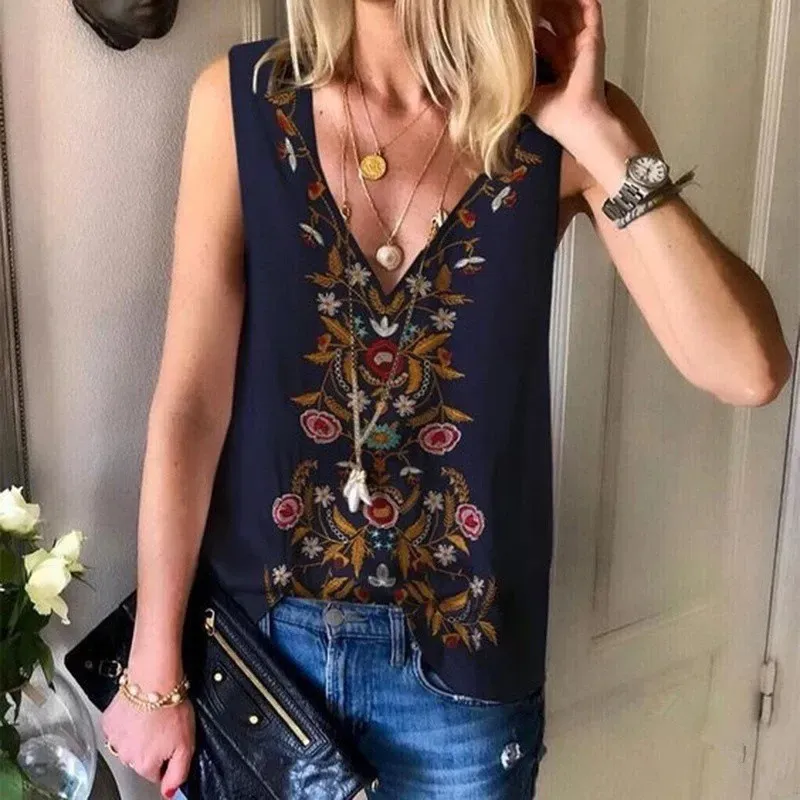 Vintage Boho Women Floral Pattern V Neck Chiffon Tank Top - Image 10