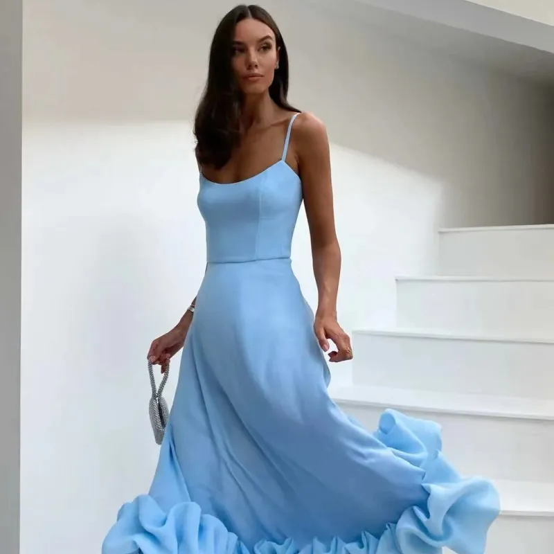 Women Fashion Solid Color Sling Flounce Dress - Image 2