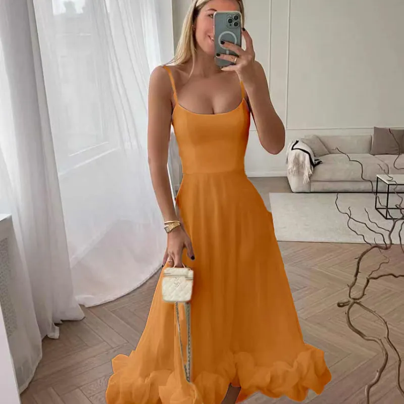 Women Fashion Solid Color Sling Flounce Dress - Image 5