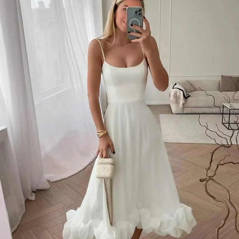 Women Fashion Solid Color Sling Flounce Dress - Image 7