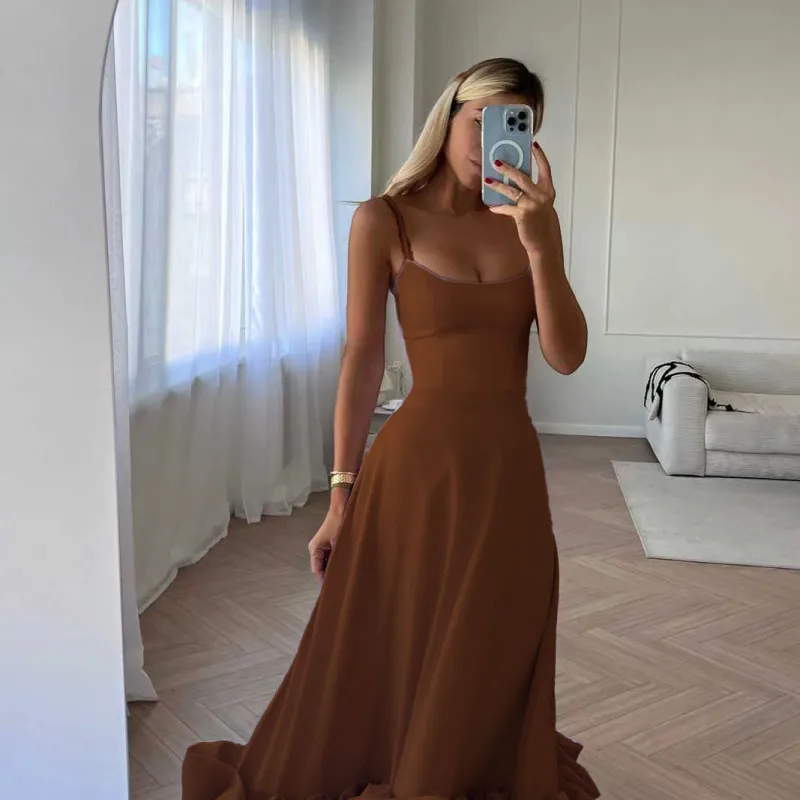 Women Fashion Solid Color Sling Flounce Dress - Image 9