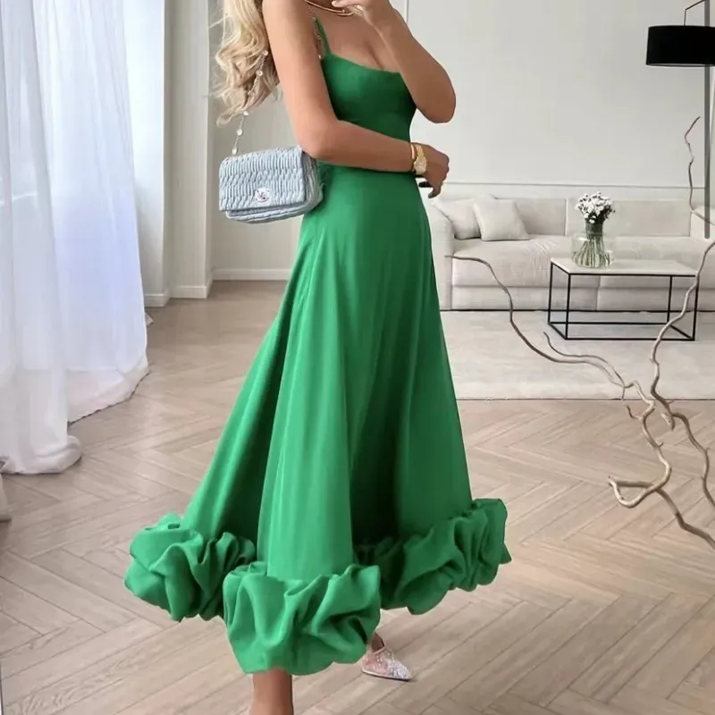 Women Fashion Solid Color Sling Flounce Dress - Image 10