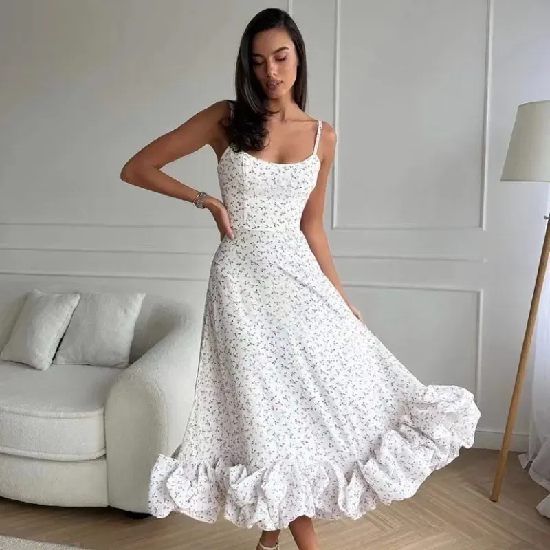 Women Fashion Solid Color Sling Flounce Dress - Image 11