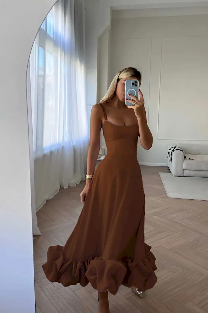 Women Fashion Solid Color Sling Flounce Dress - Image 17