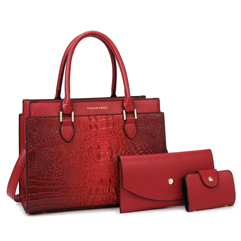 Women Fashion Retro Large Capacity Crocodile Pattern Handbag Purse Set