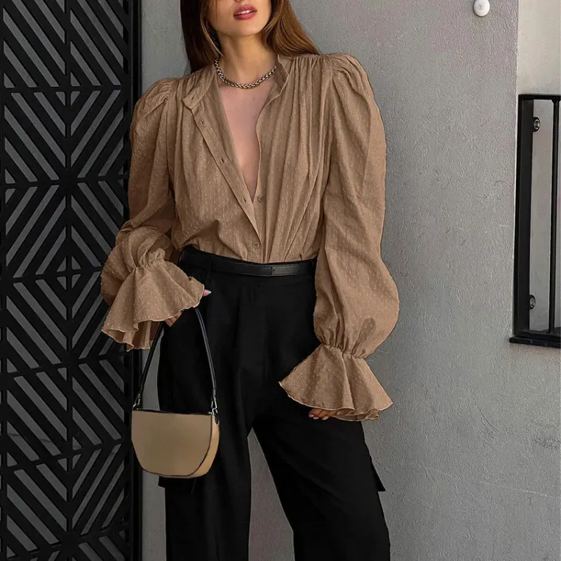 Women Puff Sleeve Office Chic Autumn Spring Jacquard Bubble Sleeve Shirt Blouse - Image 2