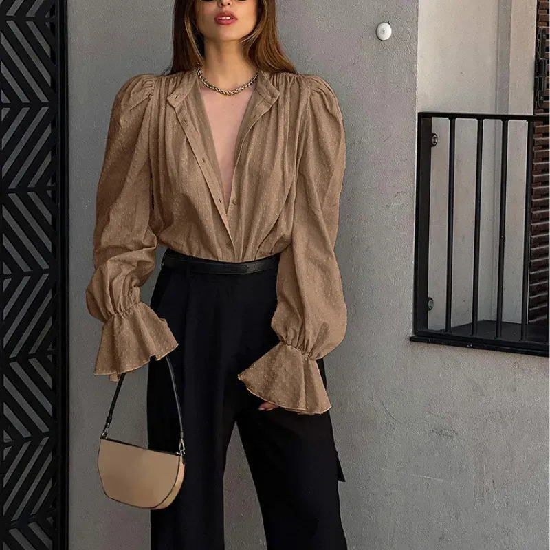 Women Puff Sleeve Office Chic Autumn Spring Jacquard Bubble Sleeve Shirt Blouse - Image 4