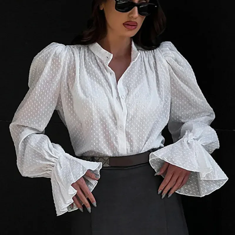 Women Puff Sleeve Office Chic Autumn Spring Jacquard Bubble Sleeve Shirt Blouse - Image 6