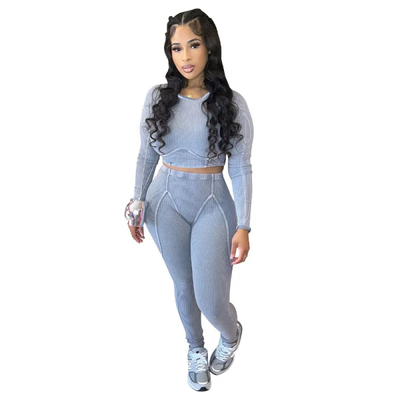 Women Fashion Tight Sexy Pit Long Sleeve Top Tight Pants Two-Piece Set - Image 6