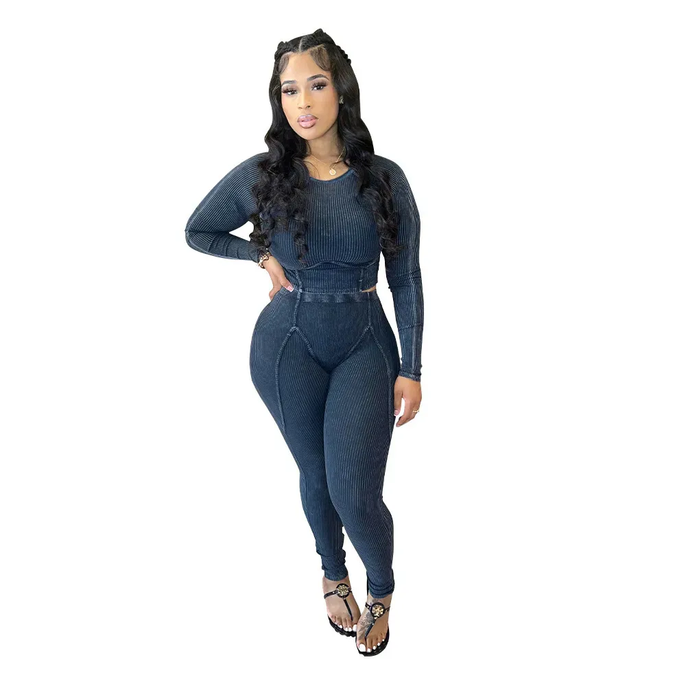 Women Fashion Tight Sexy Pit Long Sleeve Top Tight Pants Two-Piece Set - Image 7