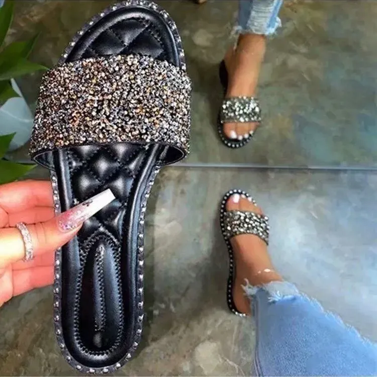 Women Fashionable Plus Size Thin Flash Rhinestone Round Toe Flat Slippers