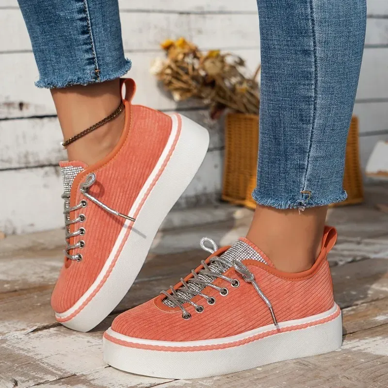 Women Fashion Plus Size Rhinestone Lace-Up Thick-Soled Sneakers - Image 4