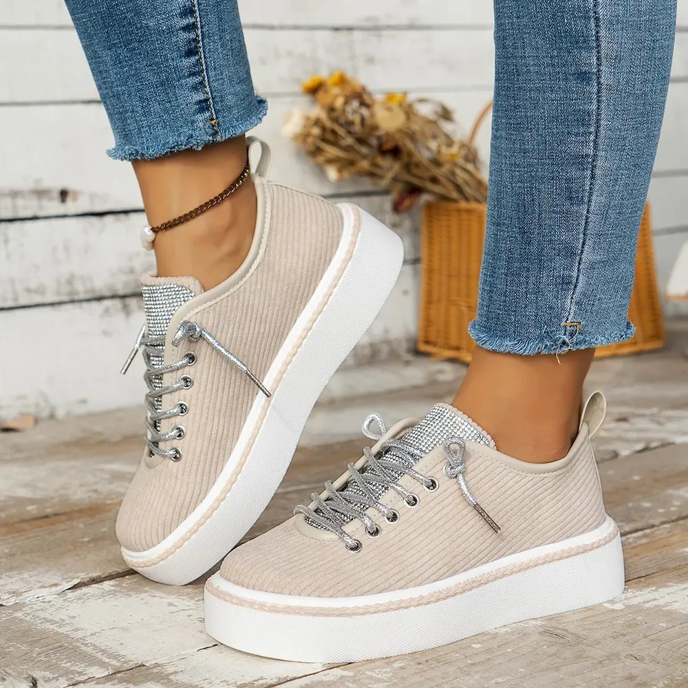 Women Fashion Plus Size Rhinestone Lace-Up Thick-Soled Sneakers - Image 7