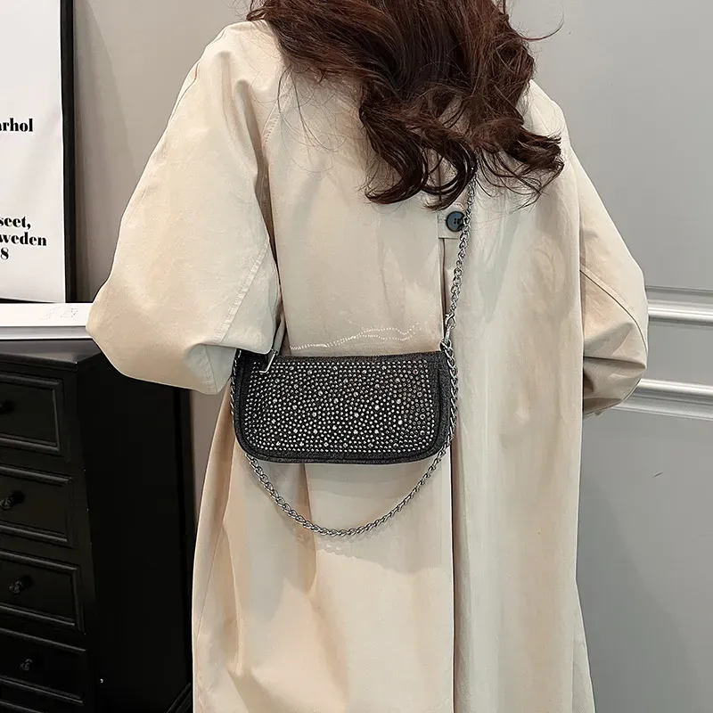 Women Fashion Square Rhinestone Zipper Shoulder Underarm Bag - Image 3