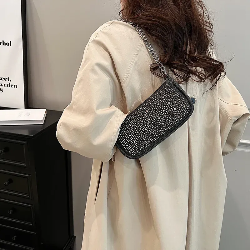 Women Fashion Square Rhinestone Zipper Shoulder Underarm Bag - Image 4