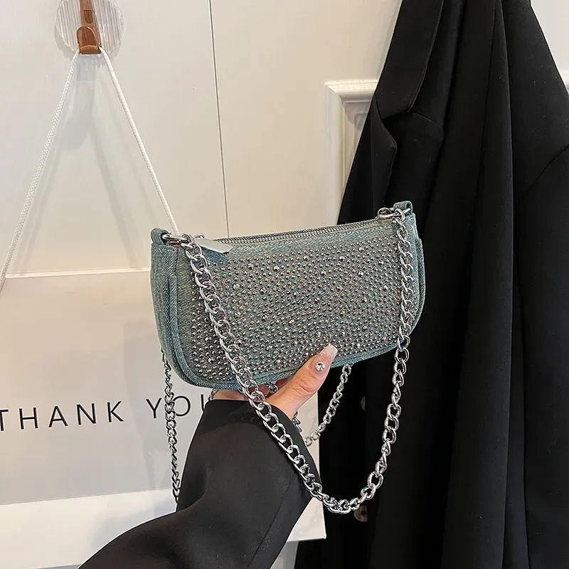 Women Fashion Square Rhinestone Zipper Shoulder Underarm Bag - Image 6