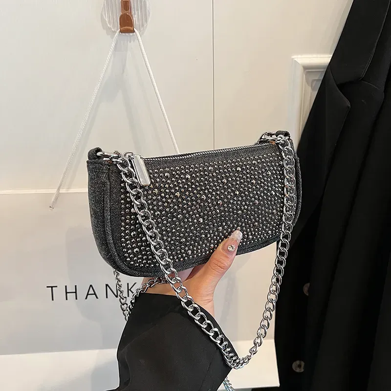 Women Fashion Square Rhinestone Zipper Shoulder Underarm Bag - Image 7