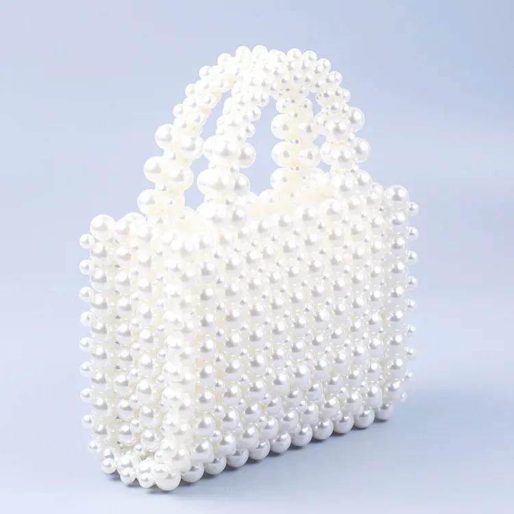 Women Fashion Imitation Pearl Acrylic Beaded Woven Square Handle Evening Bag - Image 4