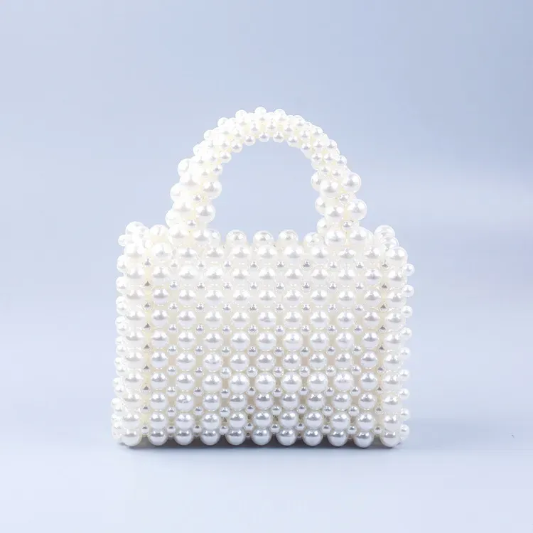 Women Fashion Imitation Pearl Acrylic Beaded Woven Square Handle Evening Bag - Image 5
