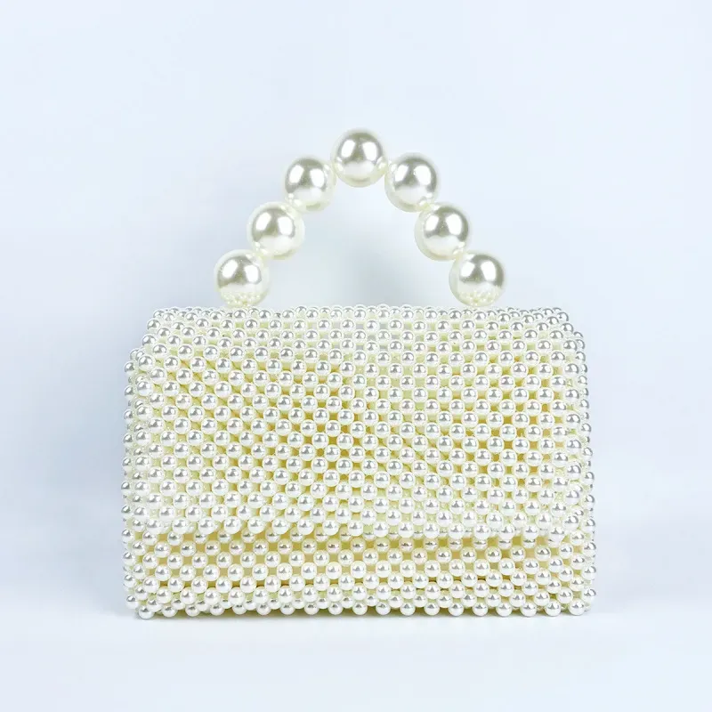 Women Fashionable Simple Handmade Beaded Pearl Handle Square Evening Bag