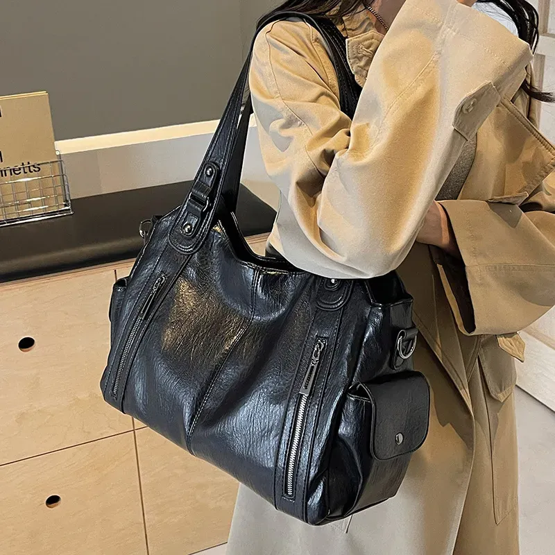 Women Fashion Retro Large Capacity PU Zipper Tote Bag