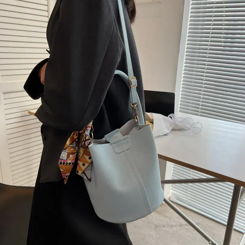Women Fashion Large Capacity Silk Scarf Decorative Bucket Handle Shoulder Bag - Image 5