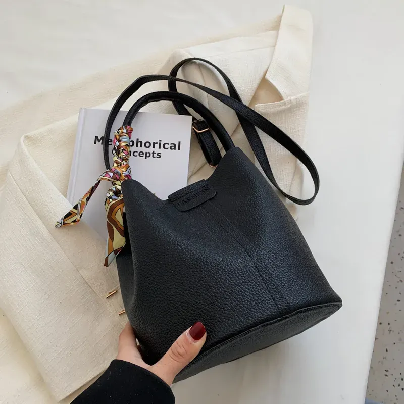 Women Fashion Large Capacity Silk Scarf Decorative Bucket Handle Shoulder Bag - Image 8