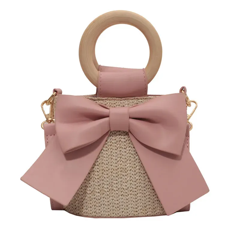 Bohemian Style Fashion Bow Woven Straw Bucket Bag - Image 4
