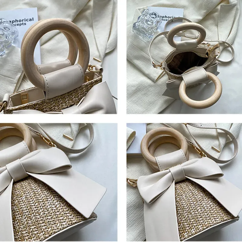 Bohemian Style Fashion Bow Woven Straw Bucket Bag - Image 5