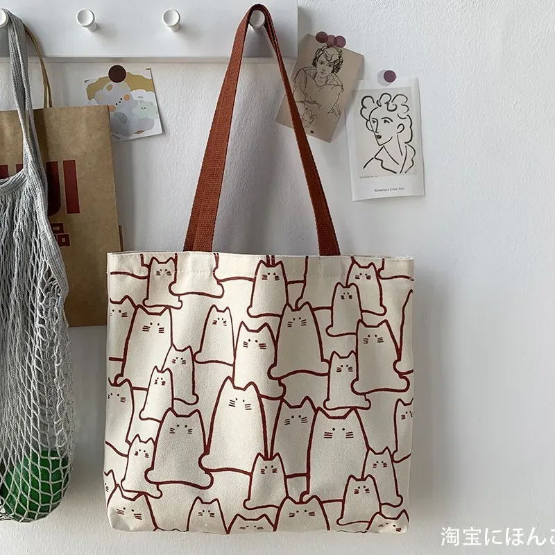 Women Simple Cute Cat Line Print Large Capacity Canvas Tote Bag - Image 8