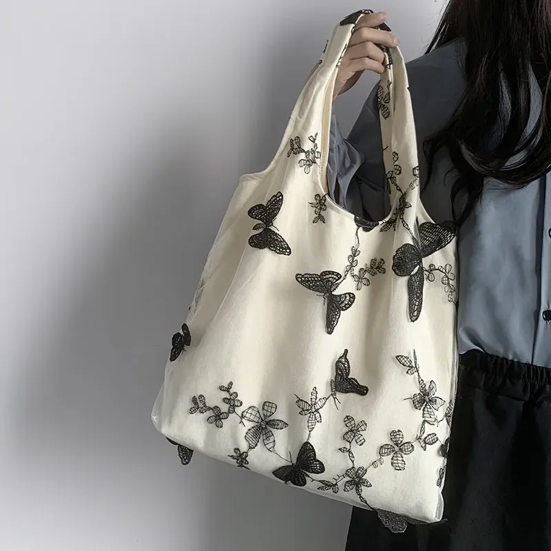 Women Fashion Creative Embroidered Black Butterfly Lace Large Capacity Canvas Tote Bag - Image 3