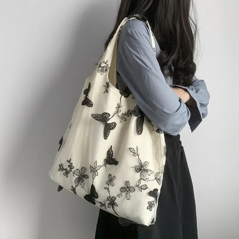 Women Fashion Creative Embroidered Black Butterfly Lace Large Capacity Canvas Tote Bag - Image 4