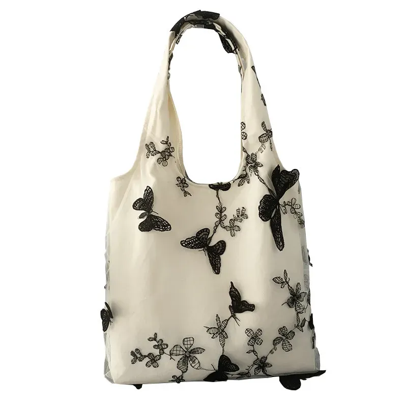 Women Fashion Creative Embroidered Black Butterfly Lace Large Capacity Canvas Tote Bag - Image 5