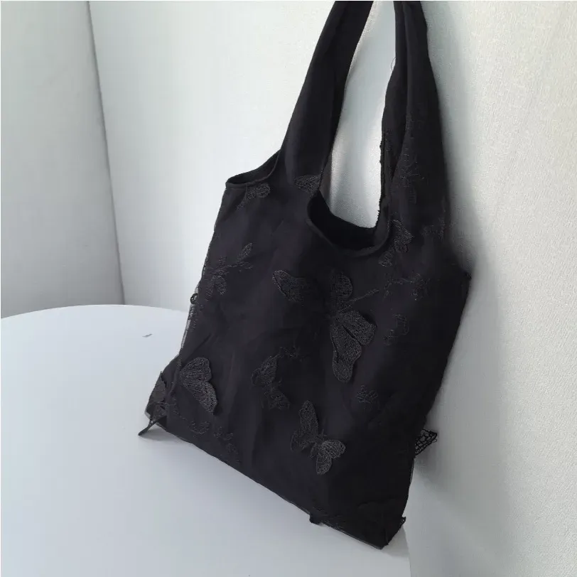 Women Fashion Creative Embroidered Black Butterfly Lace Large Capacity Canvas Tote Bag - Image 7