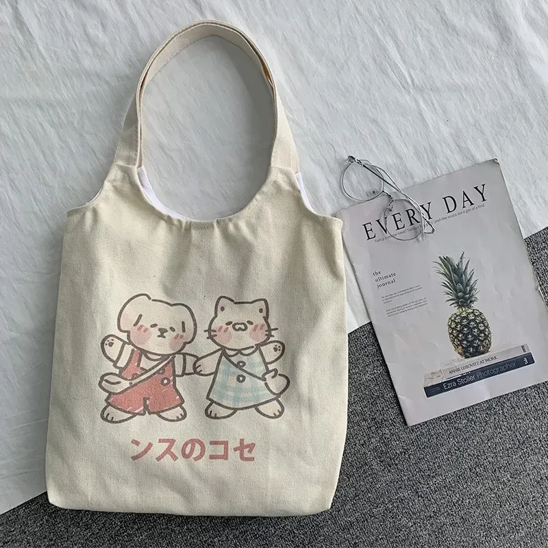 Women Cartoon Cute Orange Floral Print Large Capacity Canvas Tote Bag - Image 27