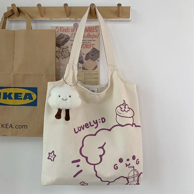 Women Cartoon Cute Orange Floral Print Large Capacity Canvas Tote Bag - Image 31